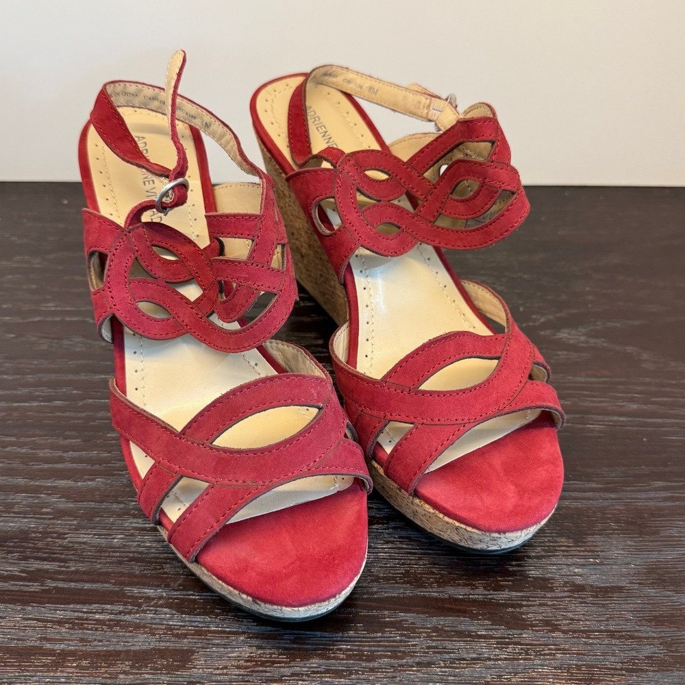 Adrienne Vittadini Camber Red Nubuck Cork Wedge Sandal Women 8M Platform Strappy